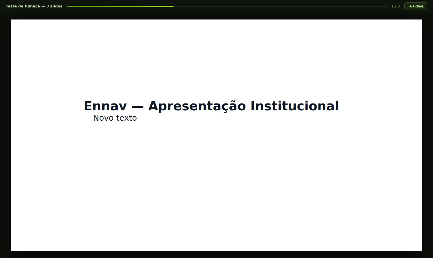 O modo apresentação real do Deck: tela cheia, barra de progresso e navegação por teclado, sem login