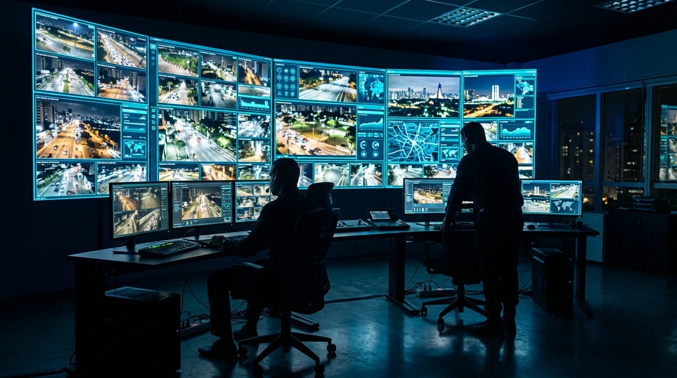 Rua com múltiplos totens de monitoramento conectados