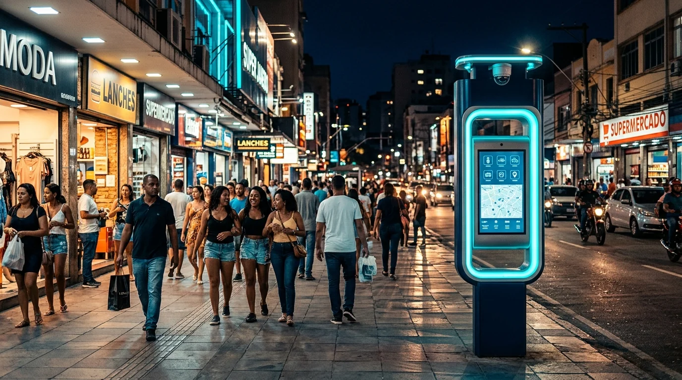 Fachada de comércio com totem de monitoramento à noite