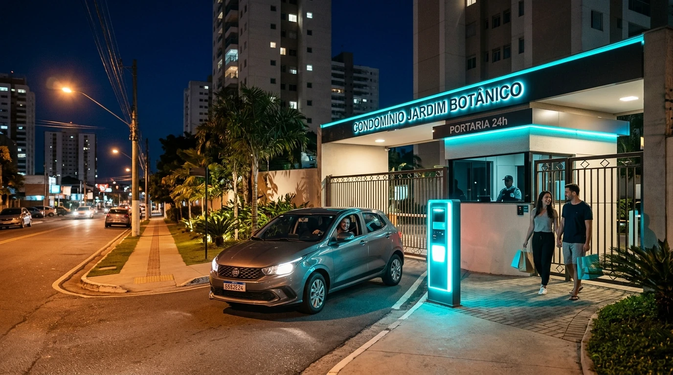 Condomínio residencial com totem de monitoramento na entrada