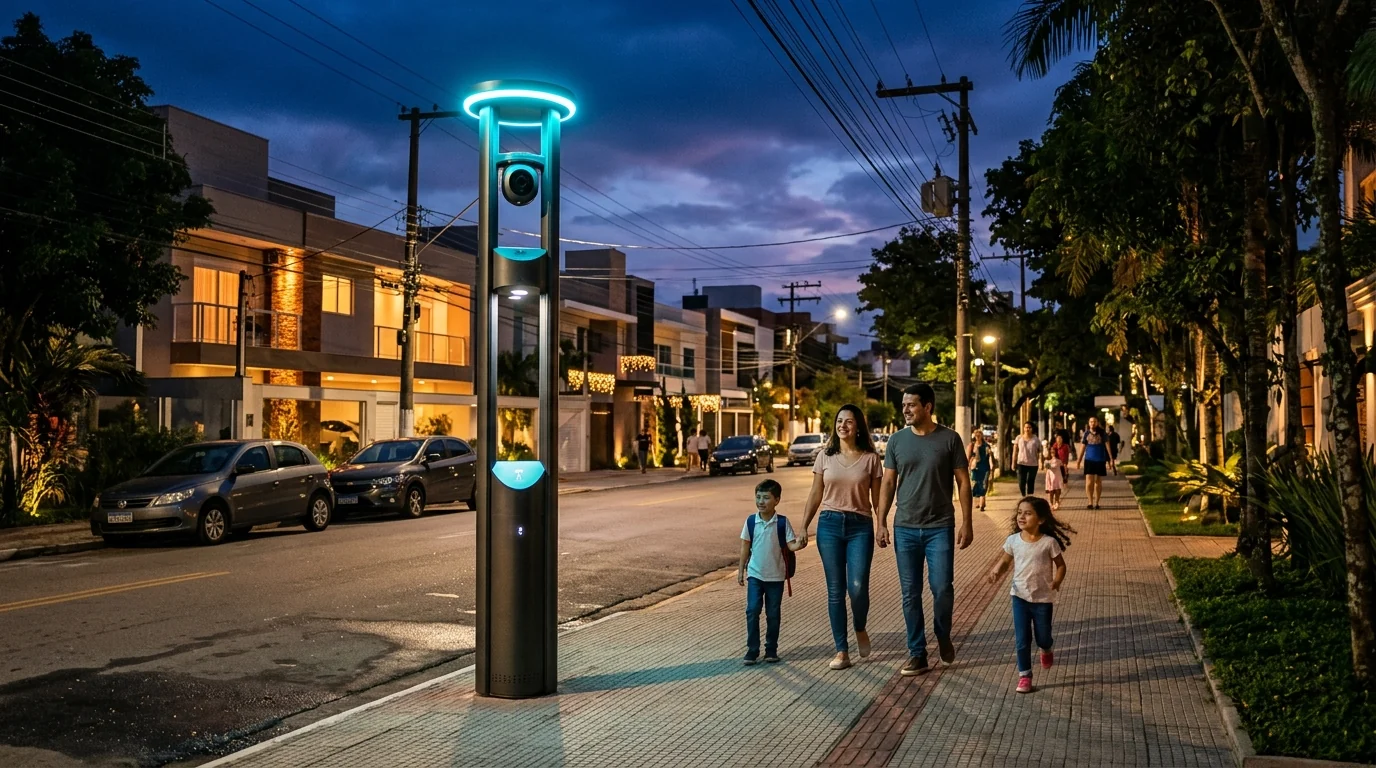 Totem de monitoramento Guard numa rua residencial ao entardecer, LED ciano aceso, vizinhança ao fundo