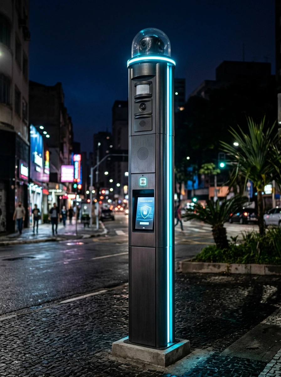 Mind Tower instalada numa esquina residencial, LED ciano aceso ao entardecer