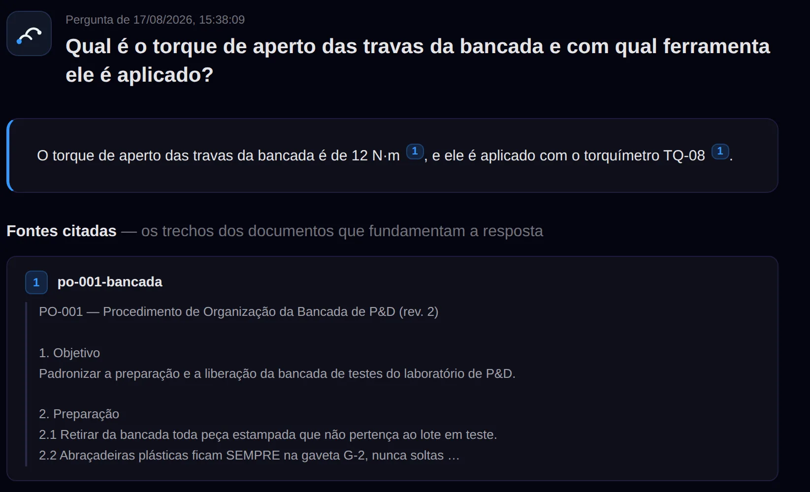 Kata em uso, resposta real: torque de 12 N·m com torquímetro TQ-08, com a fonte citada ao lado — trecho do procedimento da casa