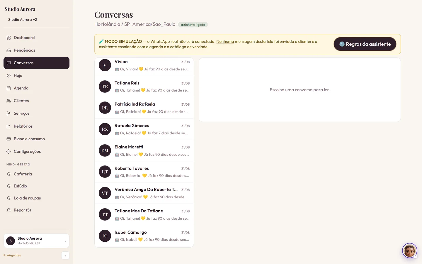 Tela real do Mind™: as conversas que a assistente do Nexus™ conduziu no WhatsApp aparecem dentro do painel de gestão