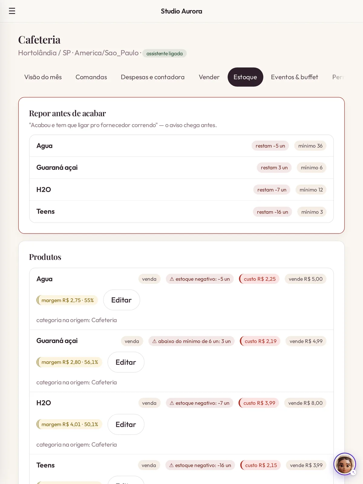 Mind™ no tablet: o aviso de reposição e a lista de produtos com custo, venda e margem, do jeito que a dona olha no balcão