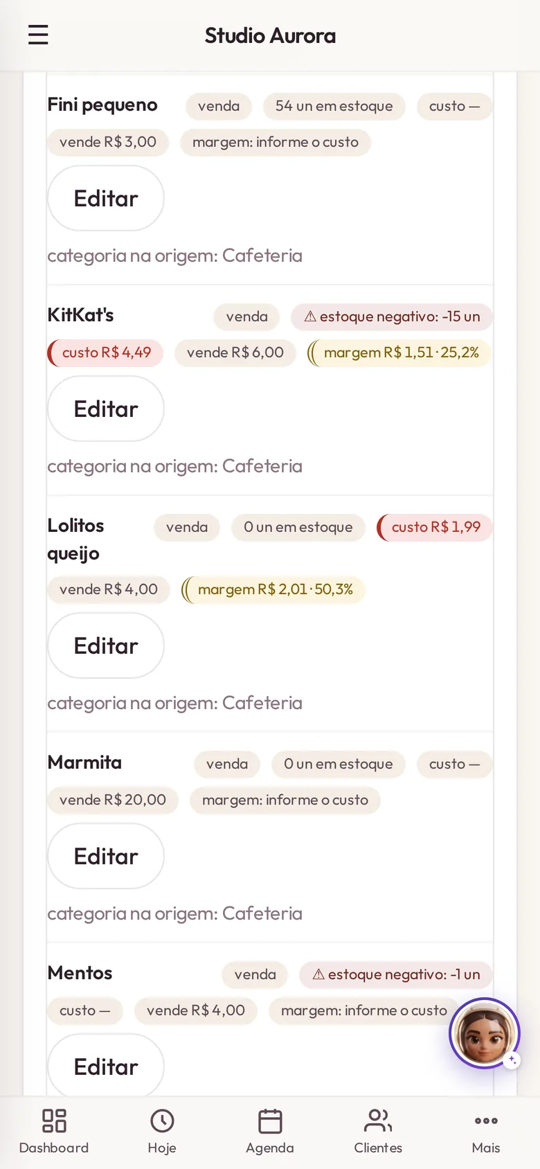 Tela real do Mind™ no celular: cada produto com custo, preço de venda e a margem calculada em reais e em porcentagem