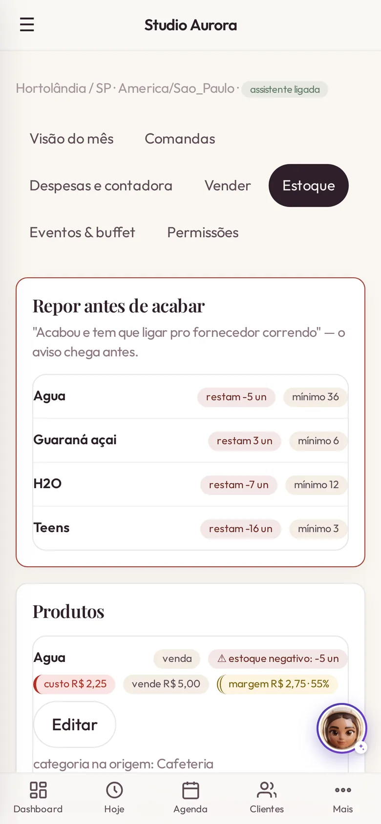 Tela real do Mind™ no celular: “Repor antes de acabar” lista os itens que furaram o mínimo, com o que resta e o mínimo de cada um