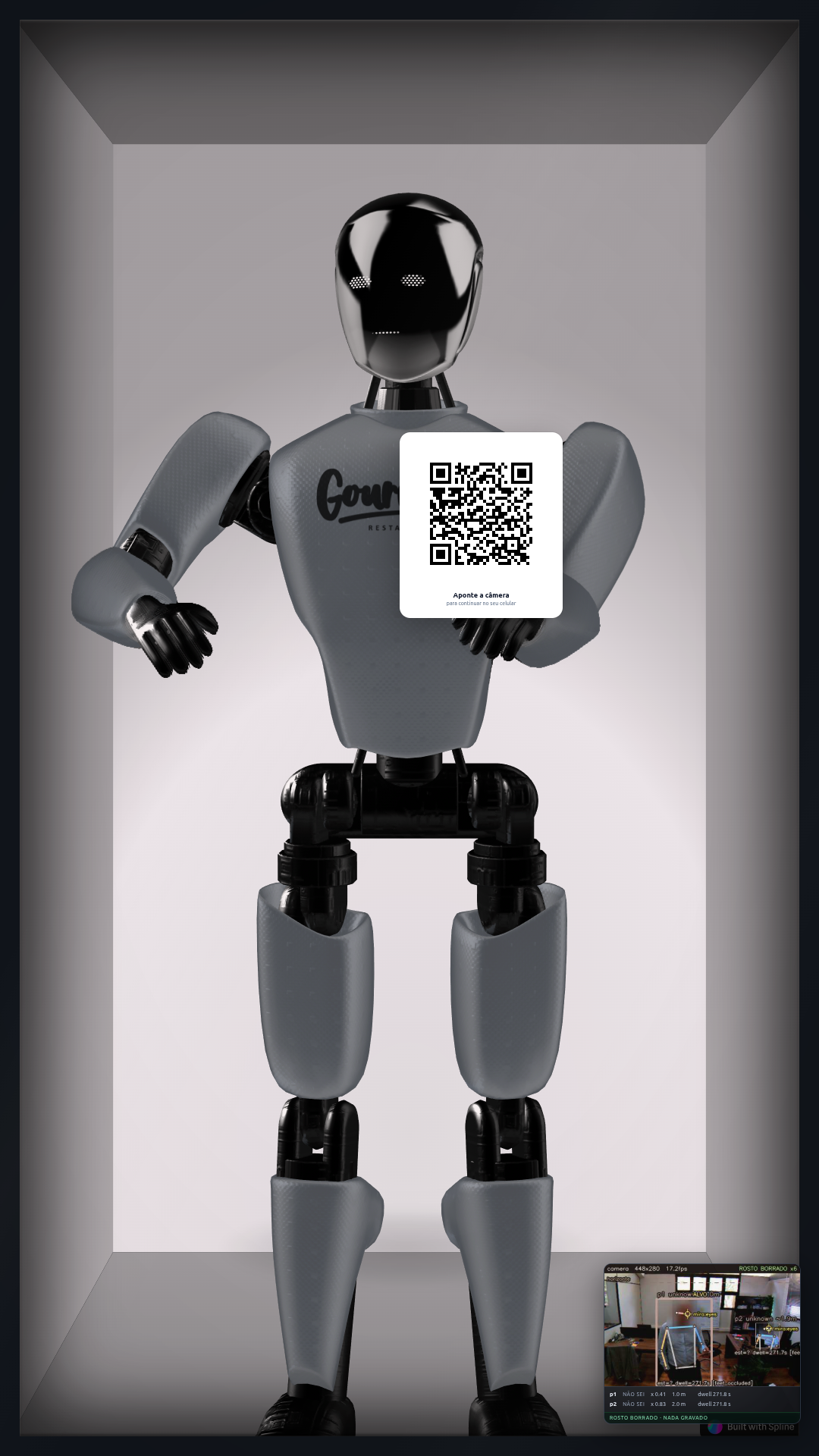 Tela real do NexBot: avatar 3D, câmera de percepção com rosto borrado e esqueleto de pose, QR code de contato na mão