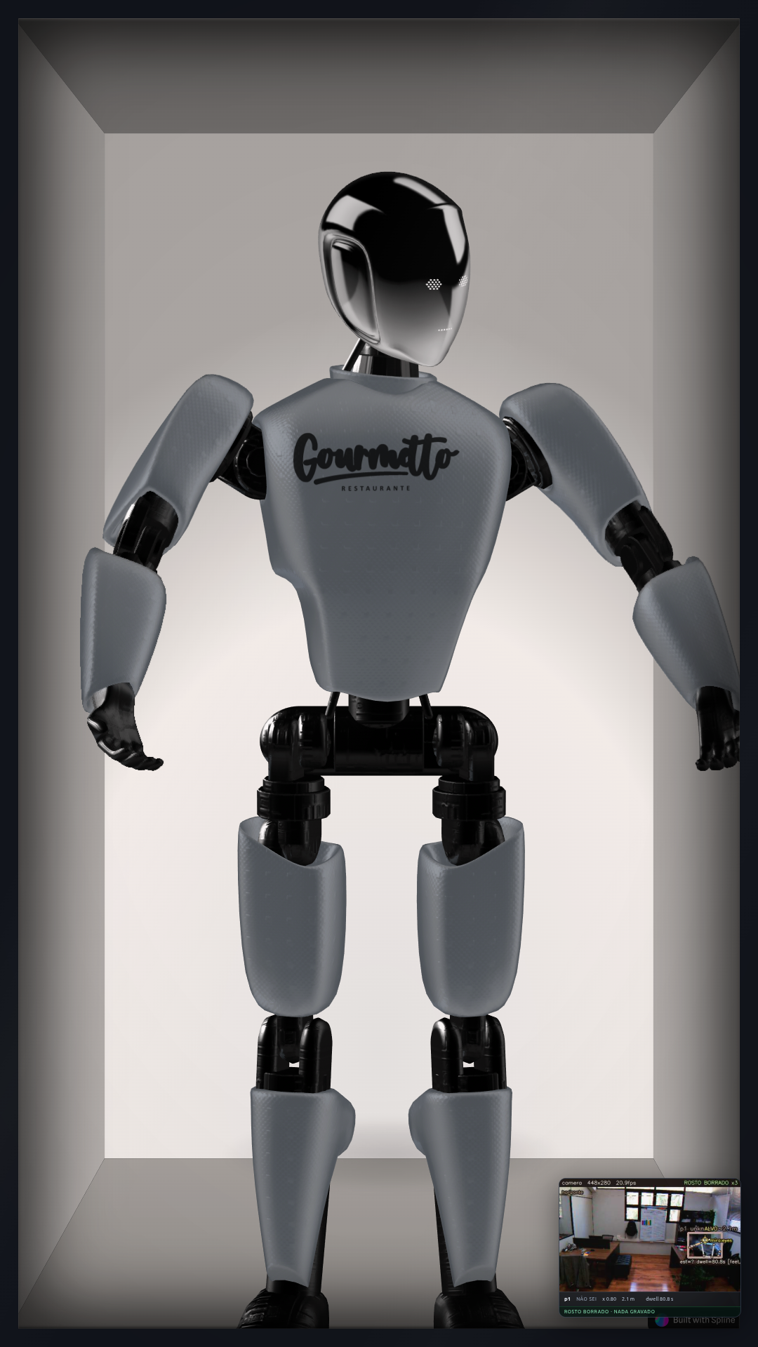 NexBot rodando ao vivo numa TV de loja: avatar 3D, câmera de percepção ativa e QR code de contato na mão