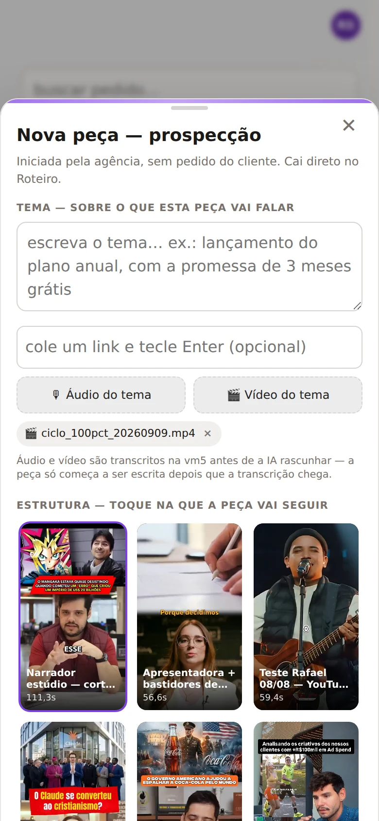 Pedido novo no Reelo™ (conta de demonstração): vídeo bruto anexado ao pedido, pronto para virar peça