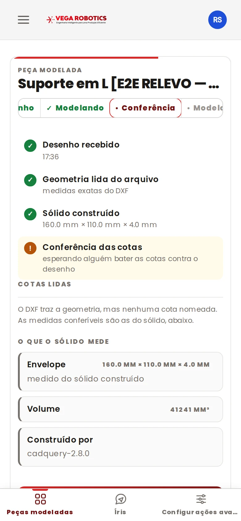 Tela real do Relevo: peça em conferência, com as cotas lidas ao lado do que o sólido mede