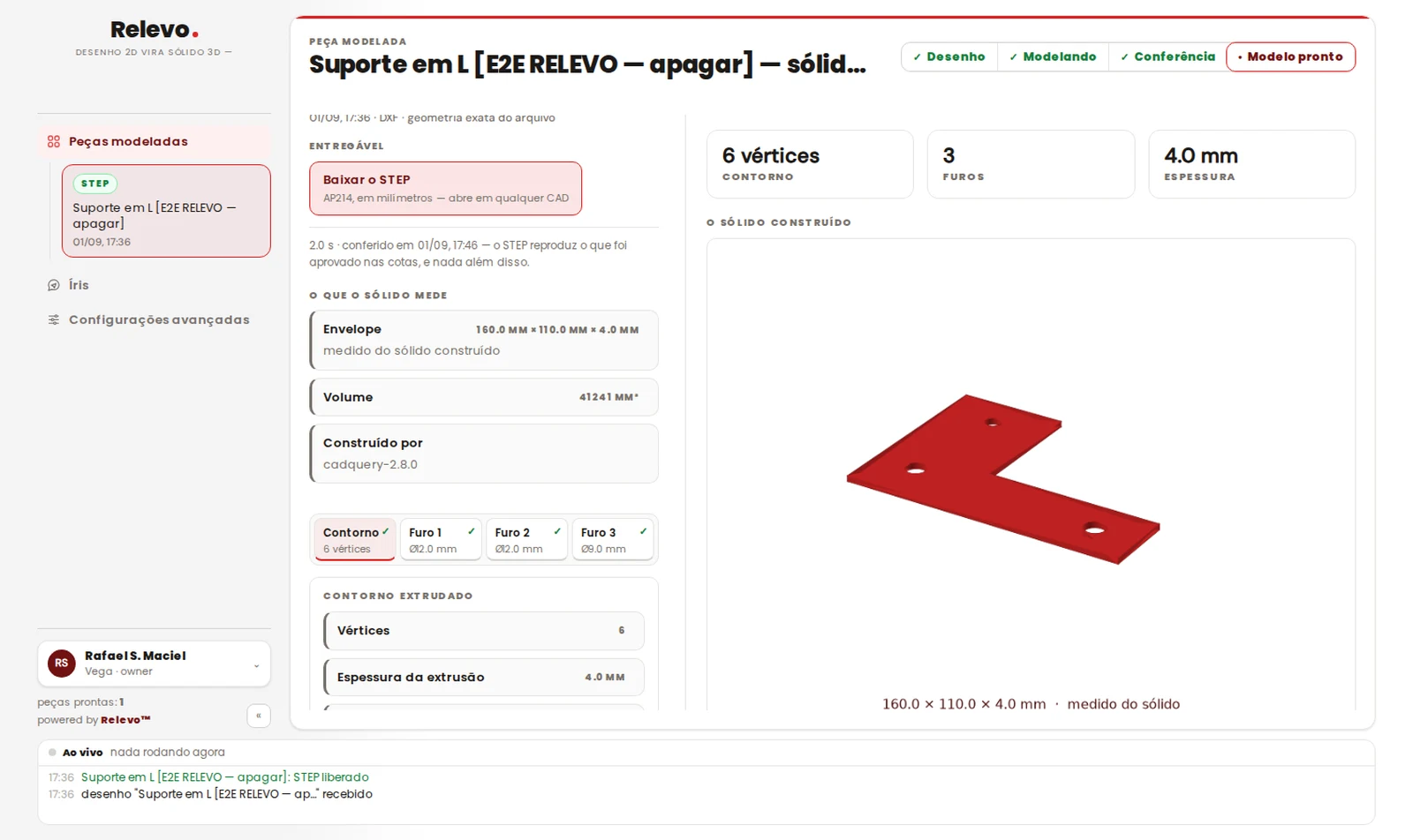 Tela real do Relevo: STEP liberado depois da conferência, com o que o sólido mede