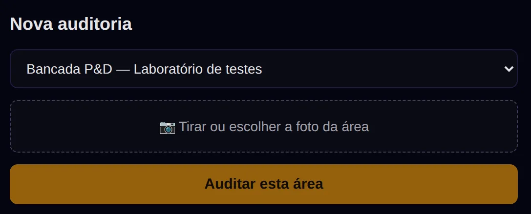 Nova auditoria em três toques: escolhe a área, tira a foto e o Senso audita