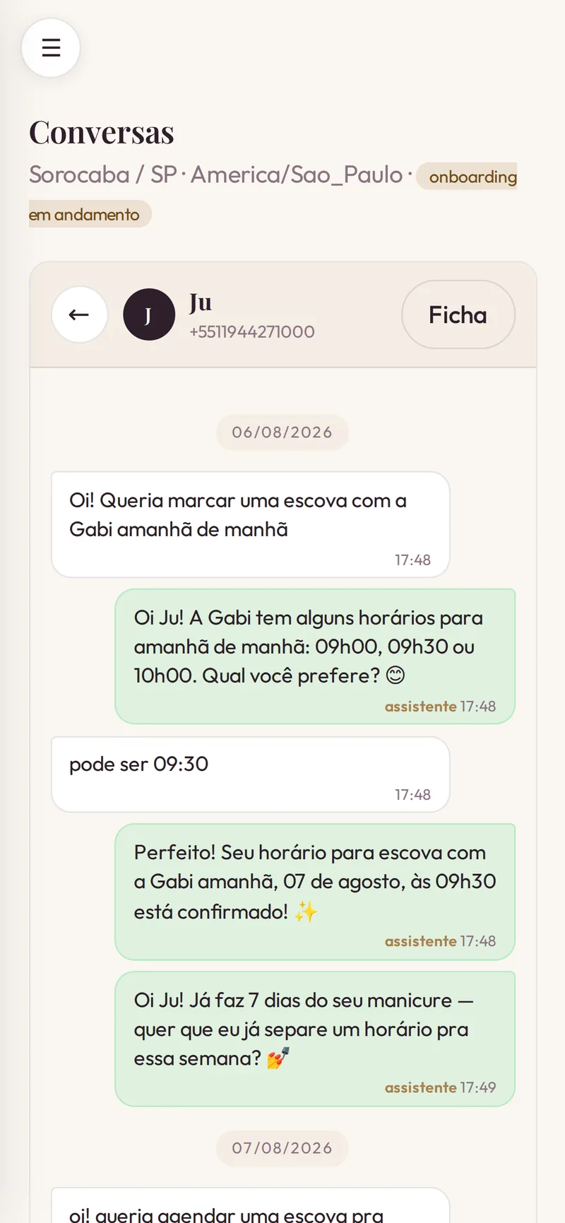 Conversa real no painel do Nexus (conta de demonstração): cliente pede horário no WhatsApp e a assistente confirma o agendamento