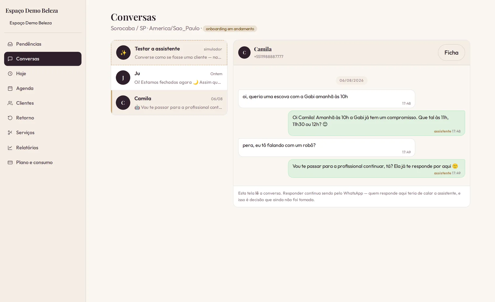 Painel real do Nexus (conta de demonstração): conversas do WhatsApp com a assistente respondendo e passando para a profissional