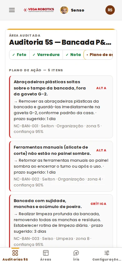 Plano de ação real do Senso: não conformidades com prazo e responsável